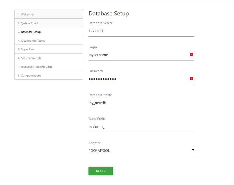 setup the database in Matomo